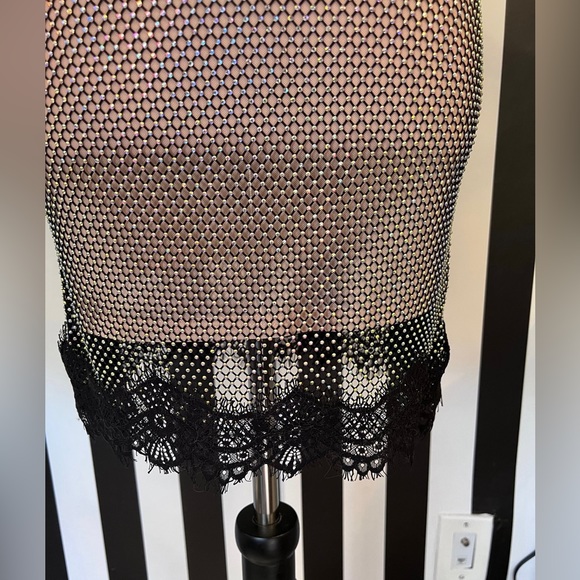 Nude Crystal Rhinestone Mesh Dress with Black Lace & Rhinestone Straps - NWT - Picture 8 of 10